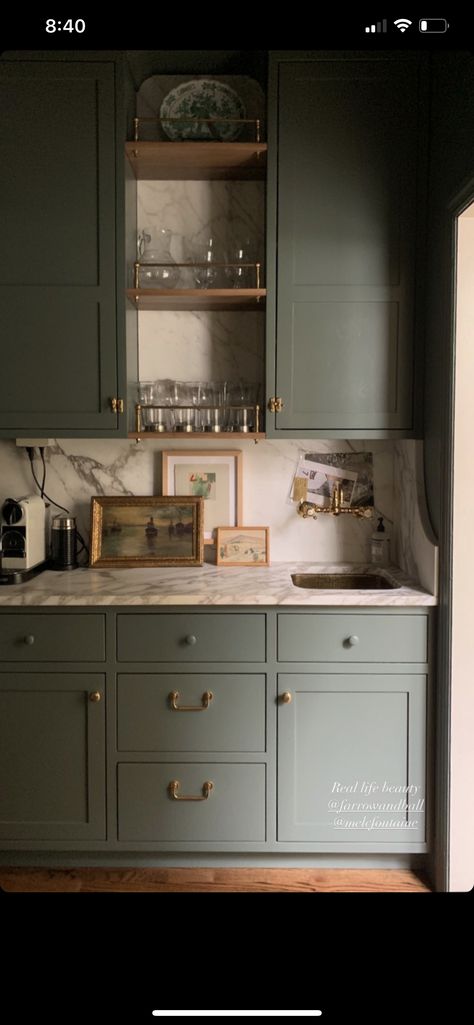 bar inspo Colorful Butlers Pantry, Vintage Wet Bar Ideas, Butlers Pantry Nook, Butlers Nook, Green Butlers Pantry, The Misfit House, Misfit House, Bar Nook, Cabinet Trends