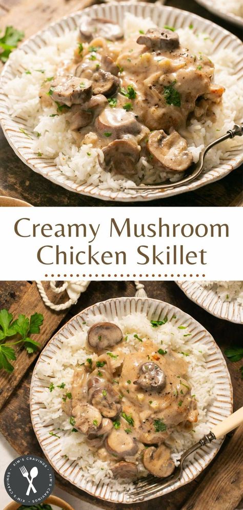 Creamy Mushroom Chicken Skillet is a one pot meal with juicy, tender chicken thighs smothered in a delicious mushroom gravy. Great served over white rice or mashed potatoes and ready in just 30 minutes! Creamy Mushroom Chicken And Rice, Creamy Mushroom Rice, Chicken Thighs Mushrooms, Rice And Gravy, Mushroom Gravy Recipe, Creamy Mushroom Chicken, Chicken Mushroom Recipes, Mushroom Rice, Chicken Skillet