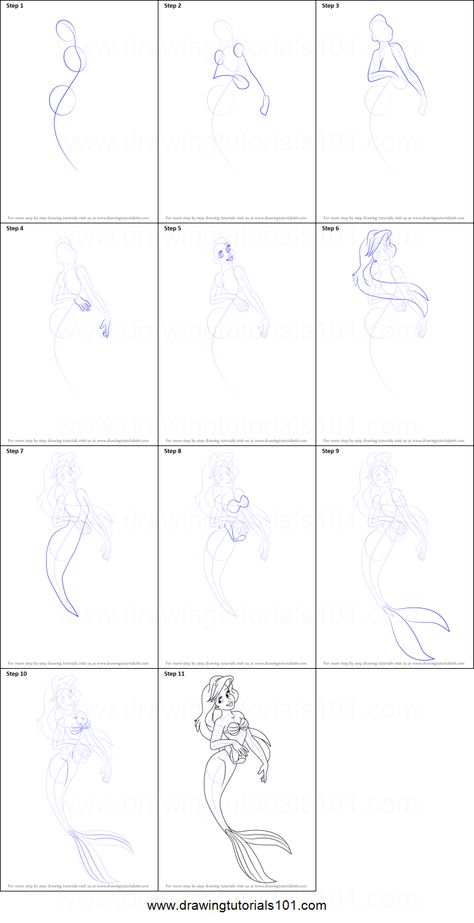 Ariel is the Titular protagonist and the lead character of the series. She is a bright, spirited, mermaid who is also adventurous but sometimes her curiosity and love for adventure gets her into trouble. How To Draw Ariel Step By Step Easy, How To Draw Ariel Step By Step, How To Draw Ariel, Mermaid Drawing Step By Step, How To Draw Disney Characters Step By Step, Mermaid Poses, Elsa Mermaid, Painting Pokemon, How To Draw Princess