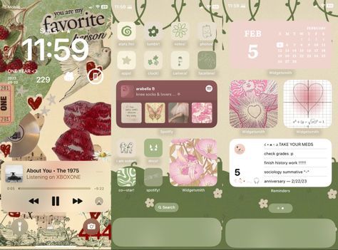 sage green pink aesthetic themed home screen ios 16 #layout #ios #sage Ios 16 Home Screen Ideas Sage Green, Homescreen Wallpaper Green, Ios 16 Home Screen Ideas Green, Green And Pink Phone Layout, Pink And Green Home Screen, Green And Pink Homescreen, Home Screen Ios 16, Pink And Green Phone Theme, Pink And Green Aesthetic Phone Theme