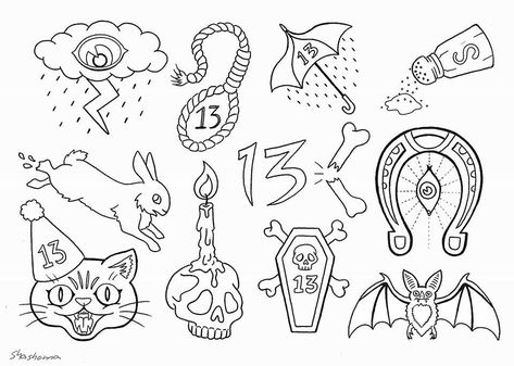 Friday the 13th tattoo flash sheet by Shashonna Knecht Friday The 13th Tattoo Flash Traditional, Friday 13th Flash Sheet, Traditional Friday The 13th Tattoo Flash, Friday 13 Tattoo Ideas Flash, Small Friday The 13th Tattoos, Friday The 13th Tattoo Flash Sheet, Friday The Thirteenth Tattoo, Friday The 13th Flash Sheet, Friday The 13th Tattoo Jason