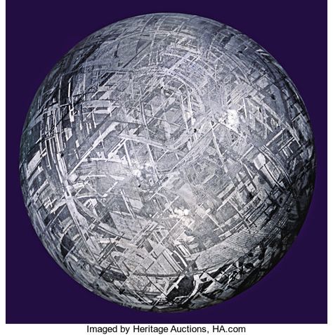 Meteorites:Irons, MUONIONALUSTA METEORITE CRYSTAL BALL - CRYSTALLINE STRUCTURE OF ANIRON METEORITE DRAMATIZED IN THREE DIMENSIONS. ... Alien Spacecraft, Iron Meteorite, Crystalline Structure, Space Facts, Props Art, Gazing Ball, Cosmic Horror, Ancient Aliens, Minerals And Gemstones