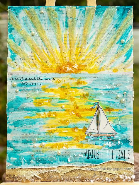 Layers of ink - Sunny Ocean and Beach Mixed Media Scene Tutorial by Anna-Karin Evaldsson. Ocean Mixed Media Art, Mixed Media Seascape, Multi Media Art Ideas, Scene Tutorial, Old Book Paper, Distress Paint, Birthday Craft, Watercolor Mixed Media, Pre Primary