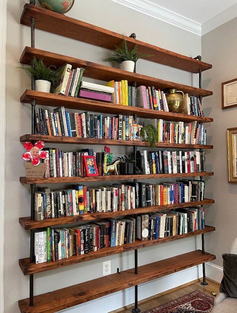 The Hemingway Wall Mount Bookcase Reclaimed Wood Bookshelf | Etsy Naturalist Aesthetic, Pipe Bookshelf, Bookcase Ideas, Floor To Ceiling Bookshelves, Wall Bookshelf, Diy Bookshelf, Industrial Shelf, Wood Bookshelf, Bedroom Redesign