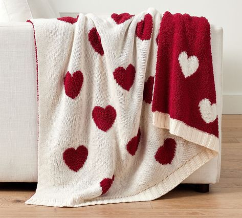 Heart Jacquard Knit Throw Blanket | Pottery Barn Valentine's Bedroom Decor, Valentines Decorations For Home, Christmas Blanket Gift, Valentine Table Decorations, Red Blanket, Heart Blanket, Funky Gifts, Valentine Decor, Knit Throw