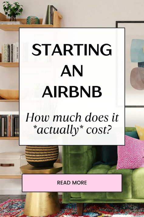 Colorful Airbnb living room with text reading "Starting an Airbnb: How much does it actually cost?" Own An Airbnb, How To Airbnb, How To Furnish An Airbnb On A Budget, Airbnb Checklist For Host, Airbnb Host Aesthetic, Furnishing An Airbnb, Airbnb Startup, Air Bnb Host, Airbnb Aesthetic