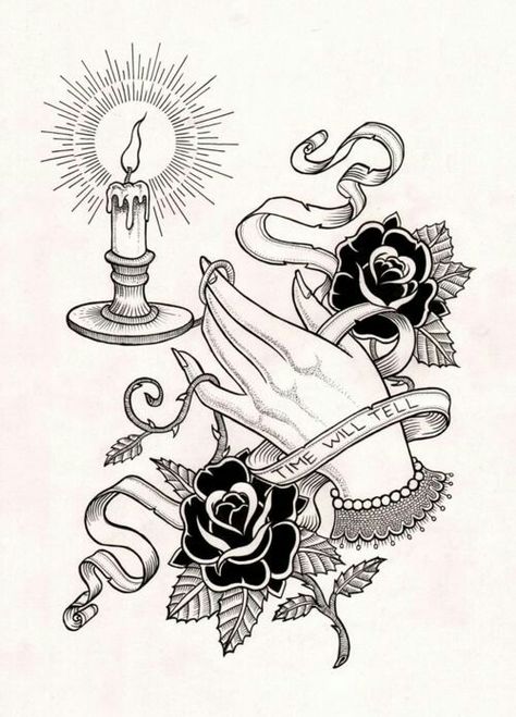 I like the banner and simplicity of the candle holder. Belly Tattoos For Women, Flash Art Tattoos, Mandala Skull, Arm Drawing, Tattoo Thigh, Candle Tattoo, Kunst Tattoos, Tattoo Henna, Traditional Ink