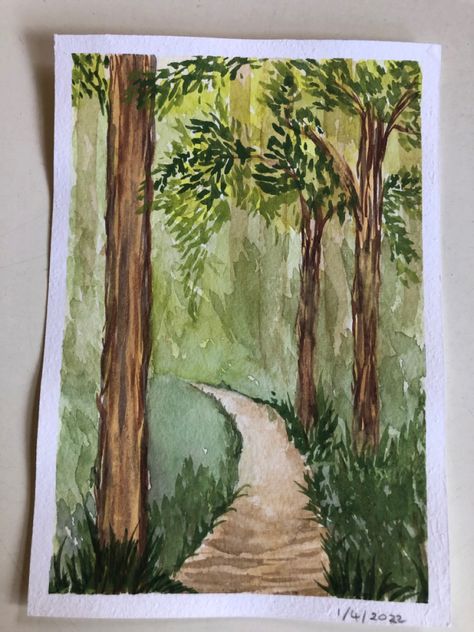 Forest Watercolor Painting Easy, Easy Forest Drawings, Forest Path Drawing, Forest Path Painting, Watercolour Forest, Office Boards, Watercolour Drawings, Watercolor Pencil Art, Forest Drawing