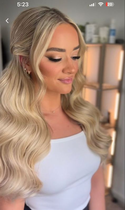 Front Of Half Up Half Down Hair, Wedding Hairstyles For Extensions, Wedding Blonde Hair Down, Hair Down And Curled Wedding, Soft Glam Blonde Hair, Bride Hair With Strapless Dress, Blonde Bridesmaid Hair Half Up, Strapless Wedding Hairstyles, Blond Bride Hairstyles