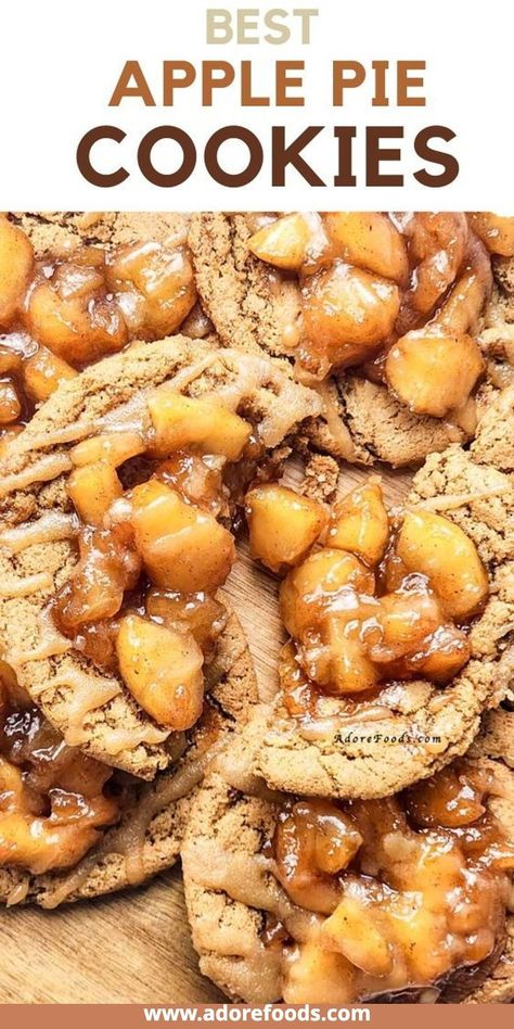 Best Apple Pie Cookies! Imagine biting into a soft, cinnamon-spiced cookie that’s packed with warm, gooey apple pie filling. Yup, it’s as good as it sounds! And to top it all off, we’re drizzling it with decadent caramel sauce.   These little cuties are the ultimate sweet treat for those cozy fall baking days. Who needs a slice of pie when you can have a cookie that’s basically a mini pie in disguise? Baking Recipes Fall, Apple Pie Cookies Recipe, Pie Cookies Recipe, Apple Pie Cookie Recipe, Fall Baking Ideas, Fall Baked Goods, Bake Sale Treats, Fall Cookie Recipes, Homemade Apple Pie Filling