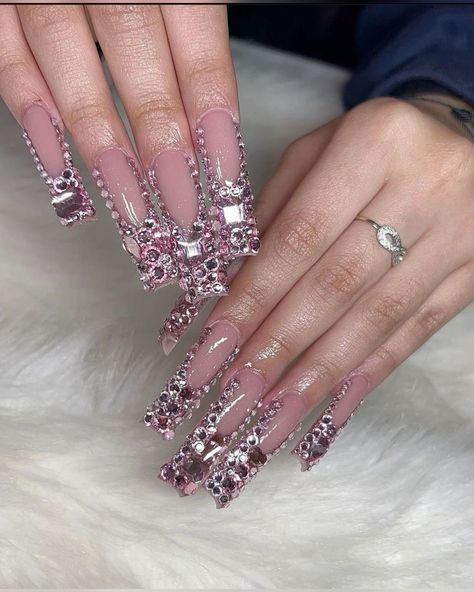 Pink Nails Rhinestones, Rose Pink Nails, Jasmine Nails, Nails Rhinestones, Nail Pink, Hand Tattoos For Girls, Long Press On Nails, Nails Press, Pink Nail Art