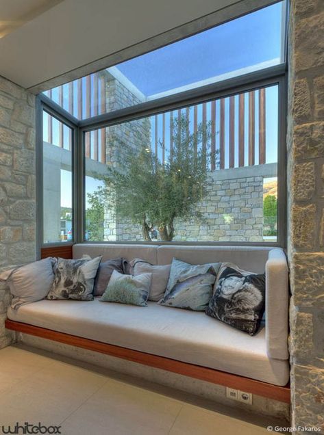 Stone House in Anavissos-15-1 Kindesign Balcon Mic, Window Seat Design, House Window Design, Window Seats, Nice Place, Luxury Homes Interior, Bedroom Furniture Design, Balcony Design, Bedroom Designs