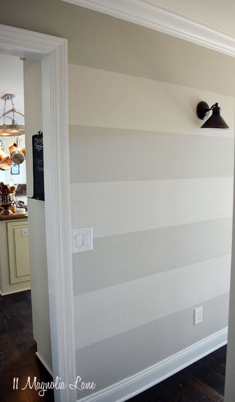 Gray Striped Walls, Painting Horizontal Stripes, Grey Striped Walls, Painting Stripes On Walls, Garage Entryway, Revere Pewter, Striped Walls, Gray Bedroom, Trendy Bedroom