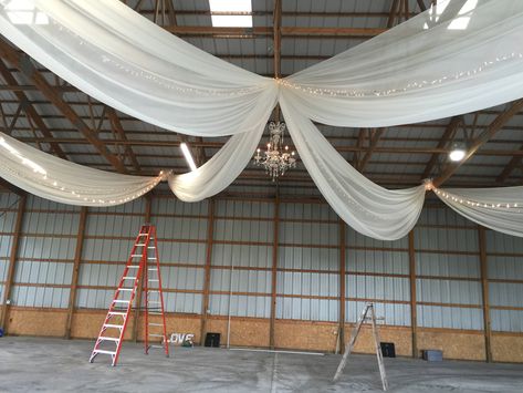 Machine Shed Weddings! - Rent Today! - G & K Event Rentals Lights Outdoor Wedding, String Lights Outdoor Wedding, Shop Wedding Reception, Shed Wedding, Wedding Drapery, Wedding Ceiling, Barn Wedding Reception, Barn Wedding Decorations, Barn Reception