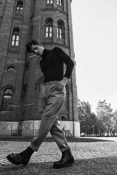 Nylon Spain: Carlos Ferra Wears Fashions with Machismo Editorial, Walking, Black, Fashion Editorial, A Man, Black And White, Building, White