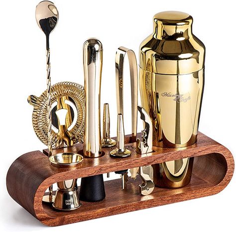 Mixology Cocktail Shaker Set - 10-Piece Cocktail Making Set - Home Bartender Kit in Mahogany Stand with Spoon, Boston Shaker, Other Tools for Drink Mixing, Martini, Mocktail - Gift Set (Gold) : Amazon.co.uk: Home & Kitchen Impressive Cocktails, Cocktail Bar Set, Bartender Set, Bartending Kit, Bartender Kit, Home Bar Essentials, Cocktail Tools, Martini Shaker, Rose Gold Bar