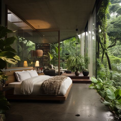 Tropical Minimalist Bedroom, Biophilic Bedroom, Jungle Villa, Sleeping Room Design, Wabi Sabi Living Room, Hotel Room Design Plan, Villa Bedroom, Tropical Bedroom, Spanish Home Decor