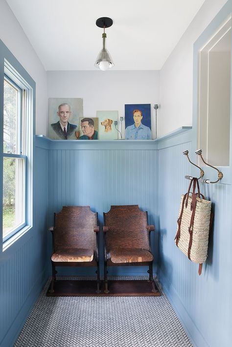 Blue Mudroom, Denim Furniture, Installing Wainscoting, Painted Wainscoting, Basement Guest Rooms, Theater Seats, Kate Marker Interiors, Flip Ideas, White Molding