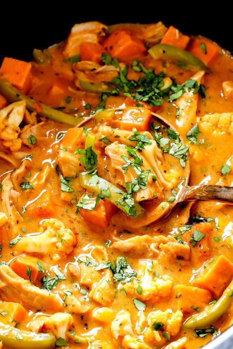 Thai Crockpot Curry Chicken - Carlsbad Cravings Thai Crockpot, Coconut Curry Chicken Crockpot, Crockpot Curry Chicken, Food Crockpot Recipes, Slow Cooker Thai Curry, Crockpot Curry, Chicken Vegetable Curry, Crock Pot Curry, Curry Chicken Thighs