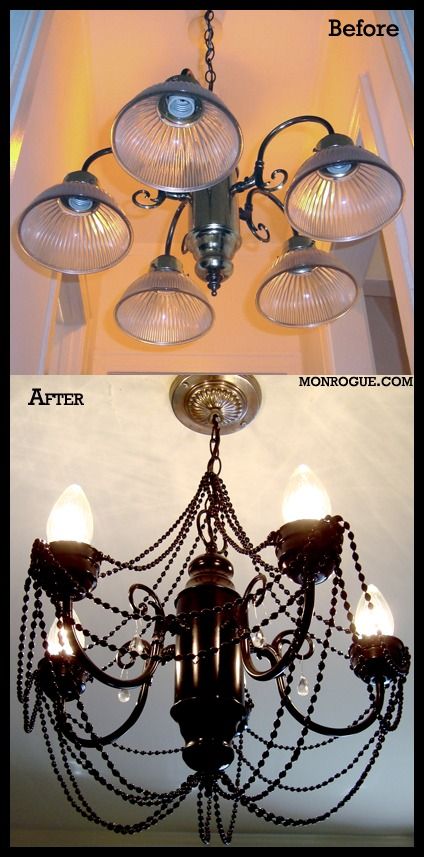 Flip the chandelier over, add some embellishments, and voila, a new take on it!  I hate the beads and color, but the idea here is something I can take and run with.... Brass Chandelier Makeover, Chandeliers Diy, Camo Room, Goth Mansion, Door Lighting, Chandelier Makeover, Diy Luminaire, Chandelier Ideas, Cozy Interiors