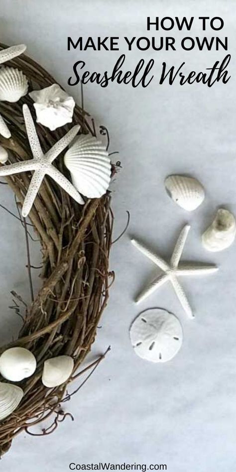 This easy DIY seashell wreath is made with seashore finds on a natural rustic base. This shell wreath beach craft project is so simple to make that you can create your seashell wreath on a weekend or in an afternoon. This easy wreath is perfect for your beach house or nautical decor---or to bring coastal charm to your home. #coastaldecor #diydecor #beachcraft #seashellwreath Easy Wreath, Beach Craft, Diy Beach Decor, Coastal Wreath, Coastal Farmhouse Decor, Seashell Projects, Seashell Wreath, Nautical Wreath, Shell Wreath