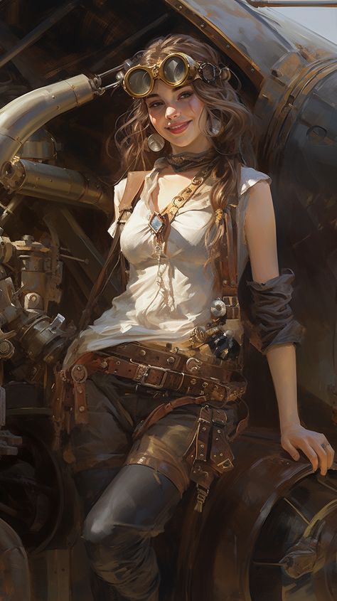 Steampunk Vampire Art, Mechanic Fantasy Art, Time Traveler Concept Art, Vintage Pilot Aesthetic, Steampunk Armor Female, Steampunk Gunslinger Female, Dieselpunk Aesthetic Outfit, Steampunk Oc Art, Steampunk Mechanic Character Design