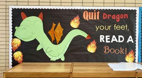 Dragon bulletin board Dragon Library Display, Dragon Bulletin Board Ideas, Castle Theme Bulletin Board, Castle Bulletin Board, Dragon Bulletin Board, Fairytale Bulletin Board Ideas, Dragon Classroom, Fantasy Classroom, Castle Theme Classroom