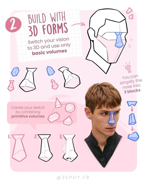 📝 Drawing tutorial about the nose ➡️ (Swipe for 🇫🇷) 🇬🇧 Since you've been asking me for a while, here's a detailed tutorial on how I draw… | Instagram How To Sketch Faces, Sketch Faces, 3d Forms, رسم كاريكاتير, Head Anatomy, Drawing Anatomy, Drawing Ideas List, 얼굴 드로잉, Face Study