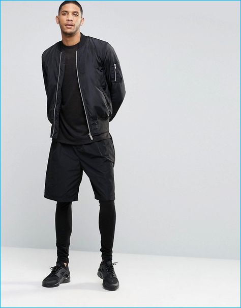 ASOS Black Men's Leggings styled with shorts and a bomber jacket. Asos Outfit, Mens Fashion Editorial, Formal Mens Fashion, Mens Leggings, Mens Tights, Fashion Leggings, Legging Outfits, Mens Fashion Suits, Mens Winter Fashion