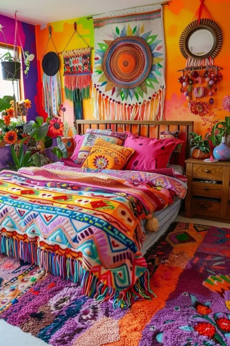 Eclectic Boho Bedroom, Inspiration Wall Art, Hippie House, Cozy Textiles, Funky House, Summer Room, Boho Ideas, Boho Colors, Boho Inspo