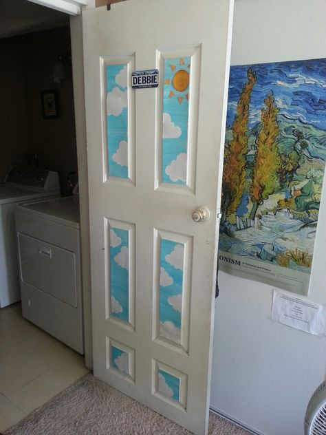 Painted Bedroom Doors Aesthetic, Bedroom Door Murals Painted, Door Painting Ideas Creative, Door Paint Design, Kirby Room, Door Art Bedroom, Door Painting Ideas Bedroom, Painted Bedroom Doors, Painted Bedroom