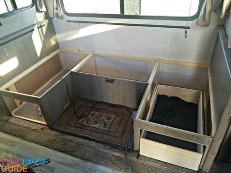 DIY RV DINETTE REPLACEMENT: The dinette is a piece of RV furniture that I don't use - so I removed it! See how I did this RV dinette replacement myself and put a comfy recliner in its place. Dinette Rv Remodel, Camper Dinette Replacement, Fifth Wheel Dinette Remodel, Diy Rv Furniture Ideas, Travel Trailer Dinette Makeover, Replacing Dinette In Camper, Camper Renovation Dinette, Remove Dinette From Rv, Diy Rv Ideas