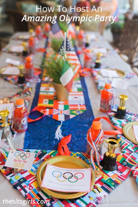 How to host an amazing Olympic party, 13 Creative Olympic Party Ideas via Pretty My Party Olympics Opening Ceremony Party, Olympics Watch Party, Paris Olympics Party, Olympic Dinner, Olympic Decorations, Olympic Party Games, Olympic Party Decorations, Summer Olympics Party, Olympic Food