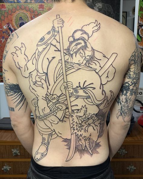 Samurai Back Piece Tattoo, Samurai Patchwork Tattoo, Irezumi Back Piece, Japan Back Tattoo, Oni Mask Back Tattoo, Wu Kong Tattoo, Oni Back Tattoo, Traditional Japanese Back Tattoo, Traditional Samurai Tattoo