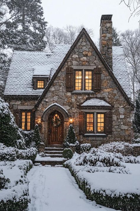 Stone Cabin Plans, Tudor House Style, One Story Tudor House, Castle Cottage House, Modern Fairytale House, Natural Wood House Exterior, Cozy Cottage Home Exterior, Winter Cottage Exterior, Stone Tudor House