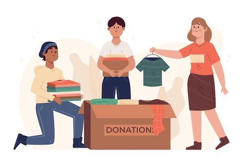 Hand drawn clothing donation concept | Free Vector #Freepik #freevector #box #clothes #charity #clothing Salon Decor Studio, Clothing Boxes, Development Activities, Team Effort, Children's Rights, Free Education, The Cloth, Social Activities, Donate To Charity