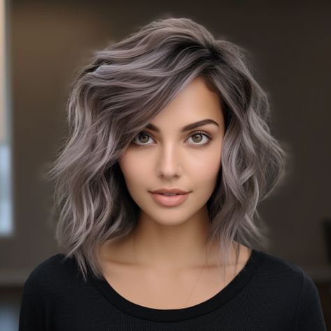 Granite Gray Panel Highlights Dark Hair Over 40, Hair Color Ideas For Brunettes For Summer Balayage Highlights Short, Hair Color For Older Women Over 50, Grey Toned Hair, Smoky Grey Hair, Grey Hair Blending Ideas, Haircolor 2024 Women, Gray Hair Ideas, Haircuts Color