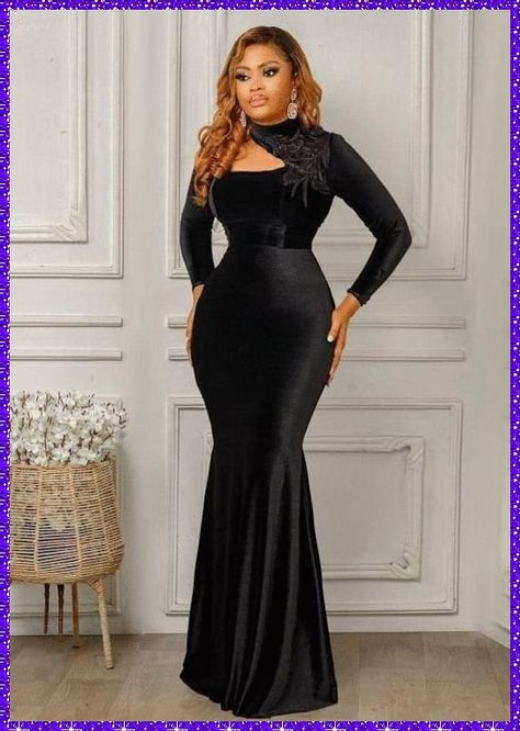 Dinner Gowns Classy Night, Black Dinner Gown, Dinner Gowns Classy Style, Dinner Gowns Classy, Lace Gown Styles Aso Ebi, Dinner Dress Evening, Black Dinner Dress, Black Velvet Gown, Dinner Gown