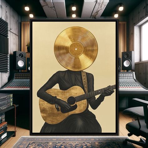 Introducing Golden Harmony Reverie - Neal Hackett Canvas Print. This stunning artwork captivates with its vibrant yellow and deep black hues, evoking a sense of serenity and joy. Perfect for music lovers, this piece transforms any space into a harmonious retreat. Experience the emotional connection it brings and elevate your décor with this extraordinary wall art. Artistic Home Decor, Vinyl Record Art, Record Art, Artist Collective, Artistic Home, Elegant Frame, Cozy Reading Nook, Guitar Player, Deep Black