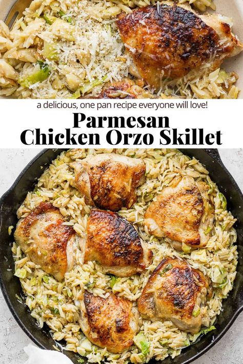 Parmesan Chicken Orzo - a delicious one-pan dinner that is packed with flavor! Made with simple, real ingredients the whole family will love! #chickenorzo #parmesanchickenorzo #parmesanchickenorzorecipes #creamyparmesanrozowithchicken #oneskilletparmesanchickenandorzo Chicken Dinner Dishes Healthy, Skinnytaste One Pot Chicken And Orzo, Wooden Skillet Recipes, Chicken Thigh Orzo Skillet, Parmesan Chicken With Orzo, One Pot Orzo Recipes Healthy, Dinners With Orzo, One Pan Chicken Orzo Recipes, Chicken Orzo One Skillet