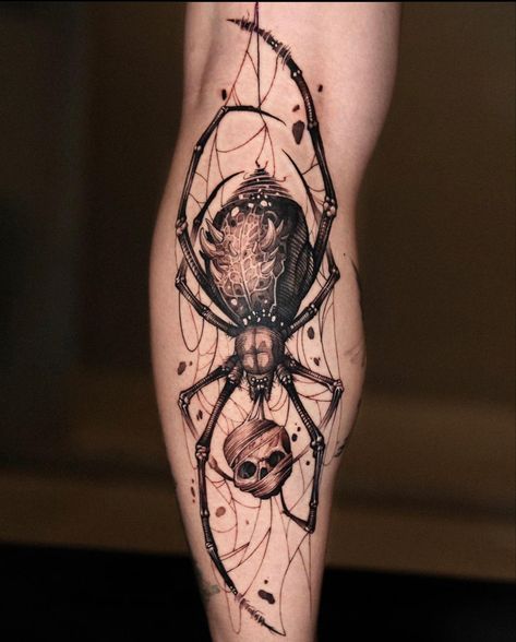 Creepy Spider Web Tattoo, Blackwork Spider Tattoo, Spider Tattoo With Web, Creepy Spider Tattoo, Spider Forearm Tattoo, Japanese Spider Tattoo, Dark Spider Tattoo, Spider Tattoo Arm, Spider Sleeve