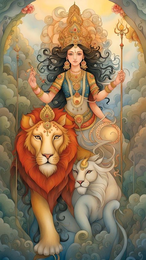 Ma Durga Divine Women Art, Parvati Goddess Art Paintings, Hindu God Artwork, Durga Goddess Drawing, Divine Feminine Art Goddesses, Goddess Durga Paintings, Indian Goddess Painting, Kali Goddess Art, Durga Maa Art