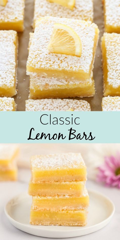 These Classic Lemon Bars feature an easy homemade shortbread crust with a sweet and tangy lemon filling. This is the BEST lemon bar recipe, easy to make, and perfect for lemon lovers! #recipe #lemon #lemonbars #dessert Laura Calder, Lemon Squares Recipe, Homemade Lemon Bars, Lemon Bar Recipe, Classic Lemon Bars, Best Lemon Bars, Homemade Shortbread, Desert Bar, Reception Desserts