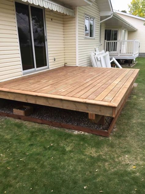 12 X 12 Deck Ideas, Wooden Patio Deck, Wood Deck Over Concrete Patio, Small Platform Deck, Wood Deck Over Concrete, Wood Porch Ideas, Sleeper Deck, Diy Deck Ideas On A Budget, Picture Frame Deck