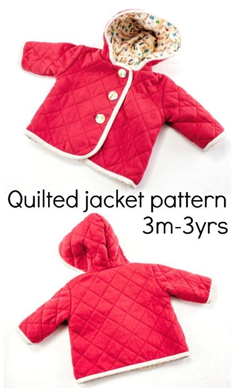 Sewing pattern for a babies quilted jacket coat with hood. Such a cute lightweight quilted coat for babies 3m-3years. Easy sewing pattern for sewing baby clothes. #BabyCoatPattern #BabyJacketPattern #BabyClothesToSew #SewingForBabies #ToddlerCoatPattern #ToddlerJacketPattern Baby Winter Sewing Patterns, Infant Patterns Sewing, Sewing Childrens Clothes, Gilet Pattern, Kids Quilted Jacket, Quilted Jacket Pattern, Baby Jackets Pattern, Quilted Coats, Jacket Sewing Pattern