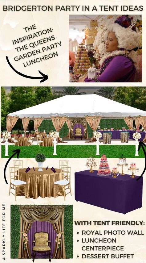 You don’t need a big fancy ballroom to host a Bridgerton themed party or wedding! I designed this Royal Garden Party Luncheon with a tent in mind, inspired by Queen Charlotte’s Luncheon in S01E07. This design features super easy DIY tablescapes, a regal photo wall with boxwood hedge, and several variations on buffets and dessert options. Queen Charlotte Bridgerton Party, Garden Party Menu Ideas, Bridgeton Themed Party, Bridgerton Garden Party, Fancy Ballroom, Bridgerton Garden, Royal Theme Party, Bridgerton Ball, Bridgerton Theme