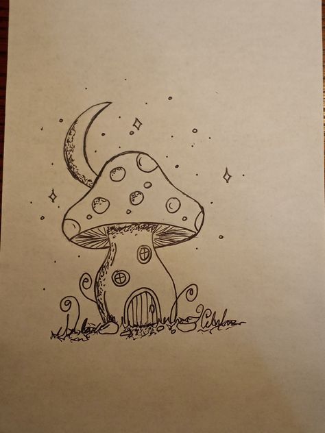 Fantasy Doodles Simple, Fairytale Drawings Easy, Mushroom Home Drawing, Small Mushroom Drawing, Mushroom House Tattoo, Mushroom Drawing Aesthetic, Cottagecore Doodles, Forest Drawing Easy, Mushroom House Drawing