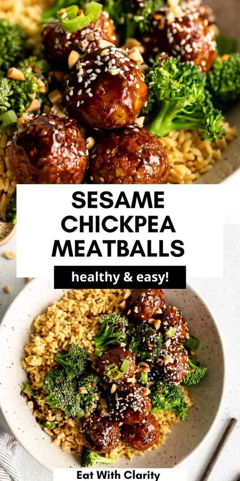 These vegan and vegetarian sesame chickpea meatballs are the best meal prep recipe. These baked vegan meatballs are so healthy and coated in a sticky sesame sauce. This recipe is perfect to meal prep for a family dinner and are delicious over rice and broccoli. A high protein vegan dinner the whole family will love! Plant Based Dinner Ideas Healthy, Meatless Monday High Protein, High Protein Vegetarian Meal Prep Ideas, Asian Meal Prep Vegetarian, Healthy Meatless Meal Prep, Meal Prep Vegetarian Dinner, Protein No Meat Meals, High Protein Vegan Meatballs, High Protein Healthy Vegetarian Recipes