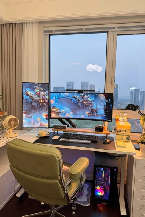 A minimalist home office setup featuring a spacious desk with multiple monitors, a comfortable ergonomic chair, and a stunning view of the city skyline. Perfect for both work and play. Multiple Monitors Setup, Desk With Multiple Monitors, Curved Monitor Setup, Stacked Monitor Setup, Minimalist Gaming Setup, Multiple Monitor Setup, Monitor Setup, Penelope Garcia, Minimalist Home Office