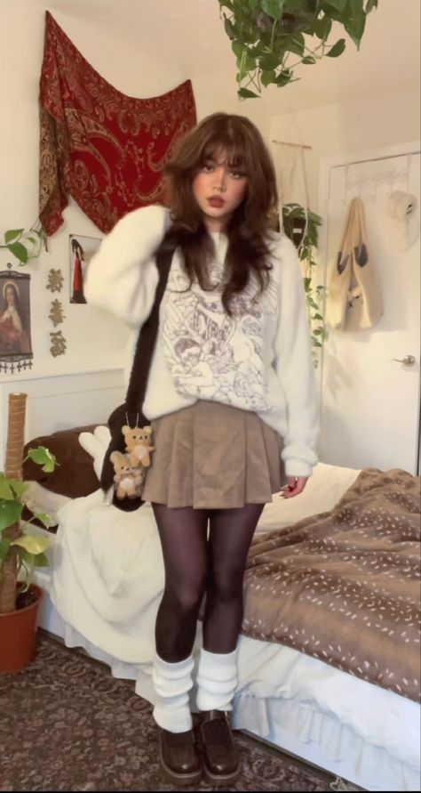 Cute Sweater Skirt Outfits, Coquette Outfit On People, Long Skirt Sweater Outfit Winter, Big Sweater With Skirt Outfit, Crochet Outfits Fall, Aesthetic Winter Outfits Skirt, Skirt Tights And Boots Outfit, Coquette Jean Skirt, Big Sweater Small Skirt